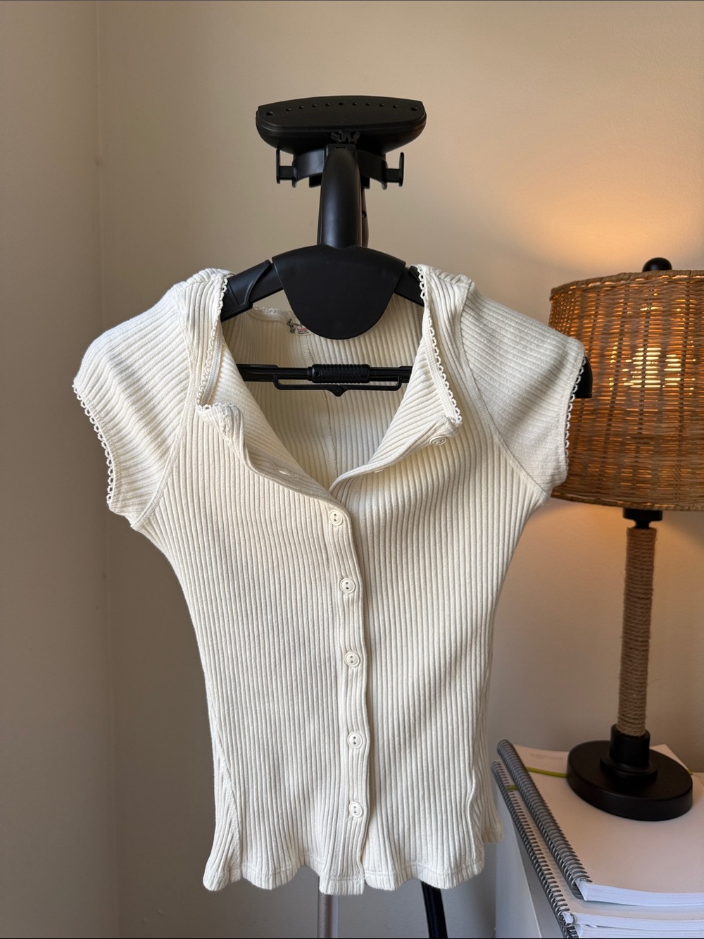 Free People Cream Ribbed Button-Front Cap Sleeve Top